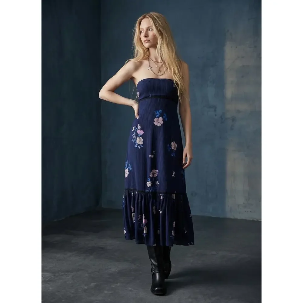 Free People Bohemian Rosie Posie Strapless Midi Dress Blue Floral Size Medium